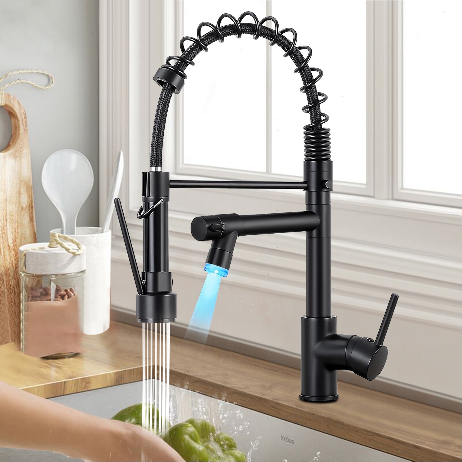 Black LED Kitchen Faucet Single Handle Swivel Sink Faucet with Pull Down Spray