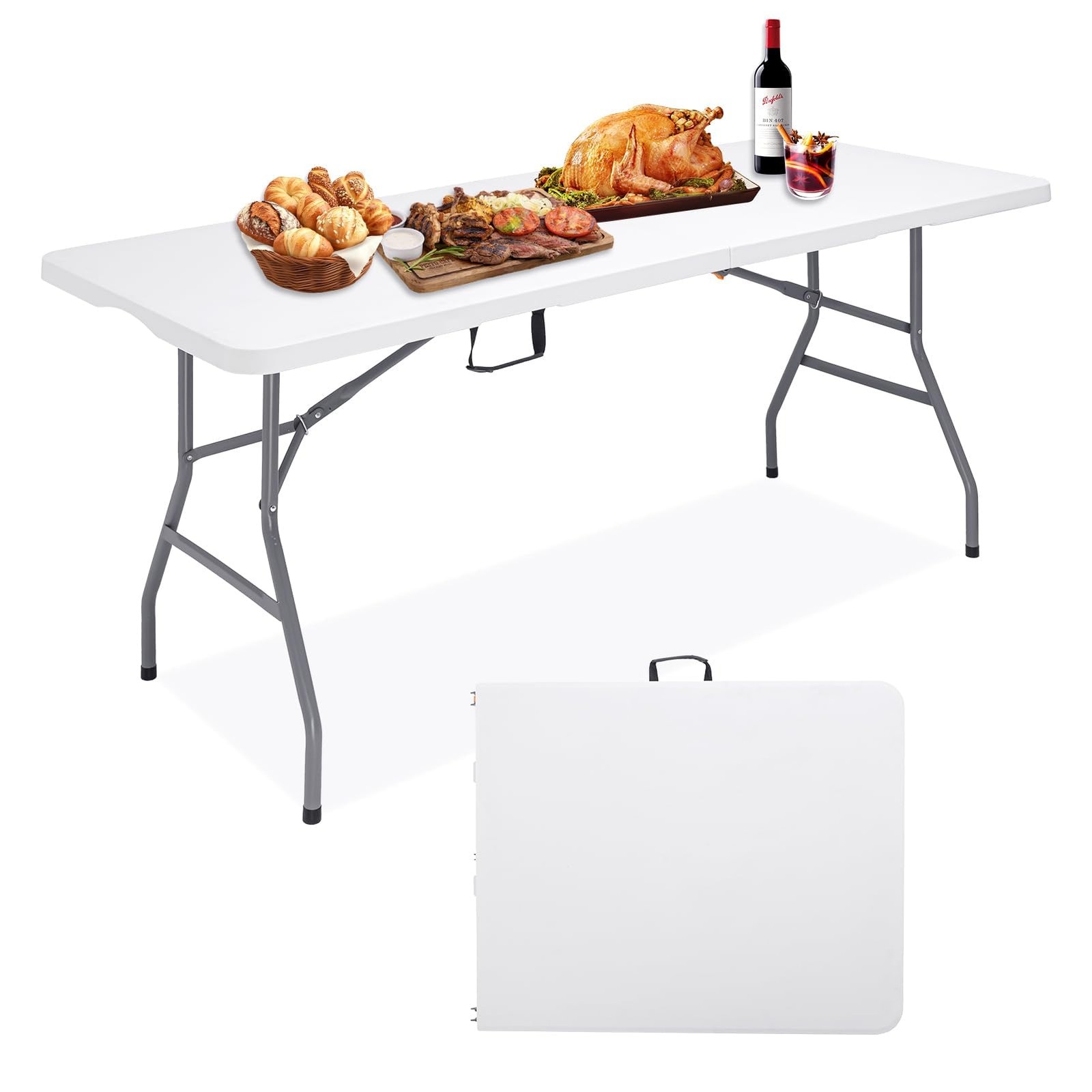 6Ft Folding Table, Heavy Duty Fold-in-Half Portable Plastic White