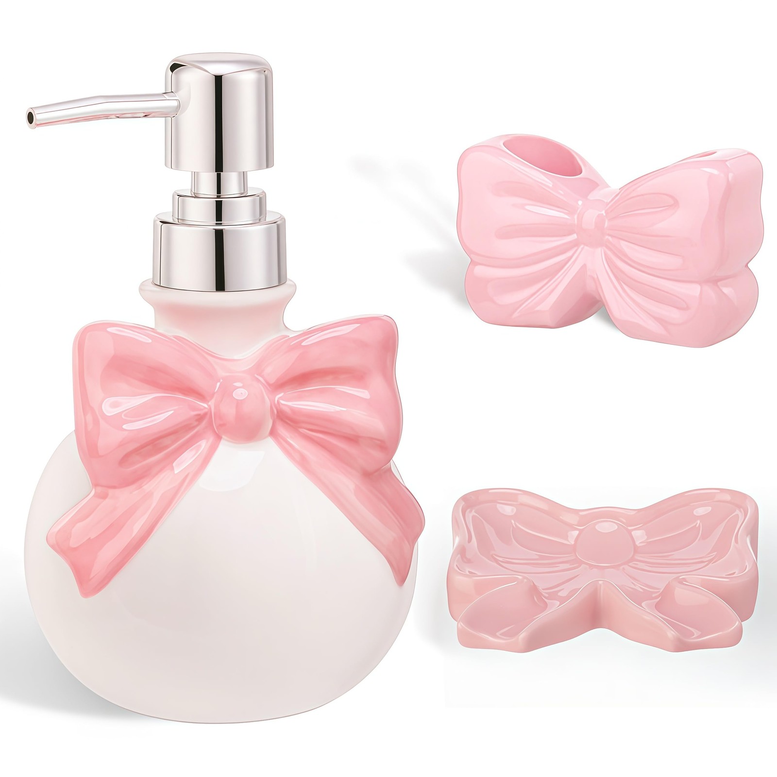 Pink Bow Ceramic Bathroom Accessories Set 3 Pcs for Countertop, Soap Dispense...