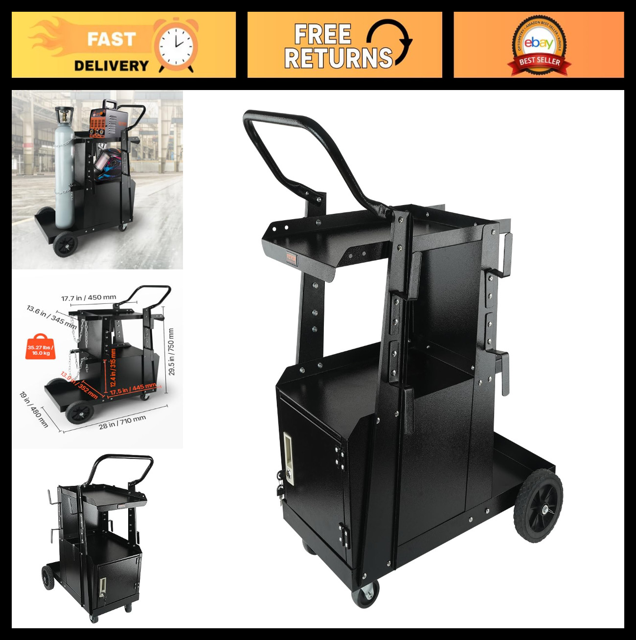 Heavy Duty 2-Tier Welding Cart with Lockable Cabinet, 360° Swivel Wheels, Tank S