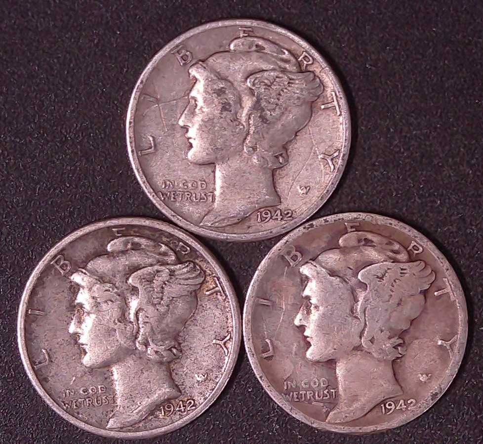 1942 P - 1942 D - 1942 S Winged Liberty Mercury .10c Dimes 90% SILVER 3 Coin Lot