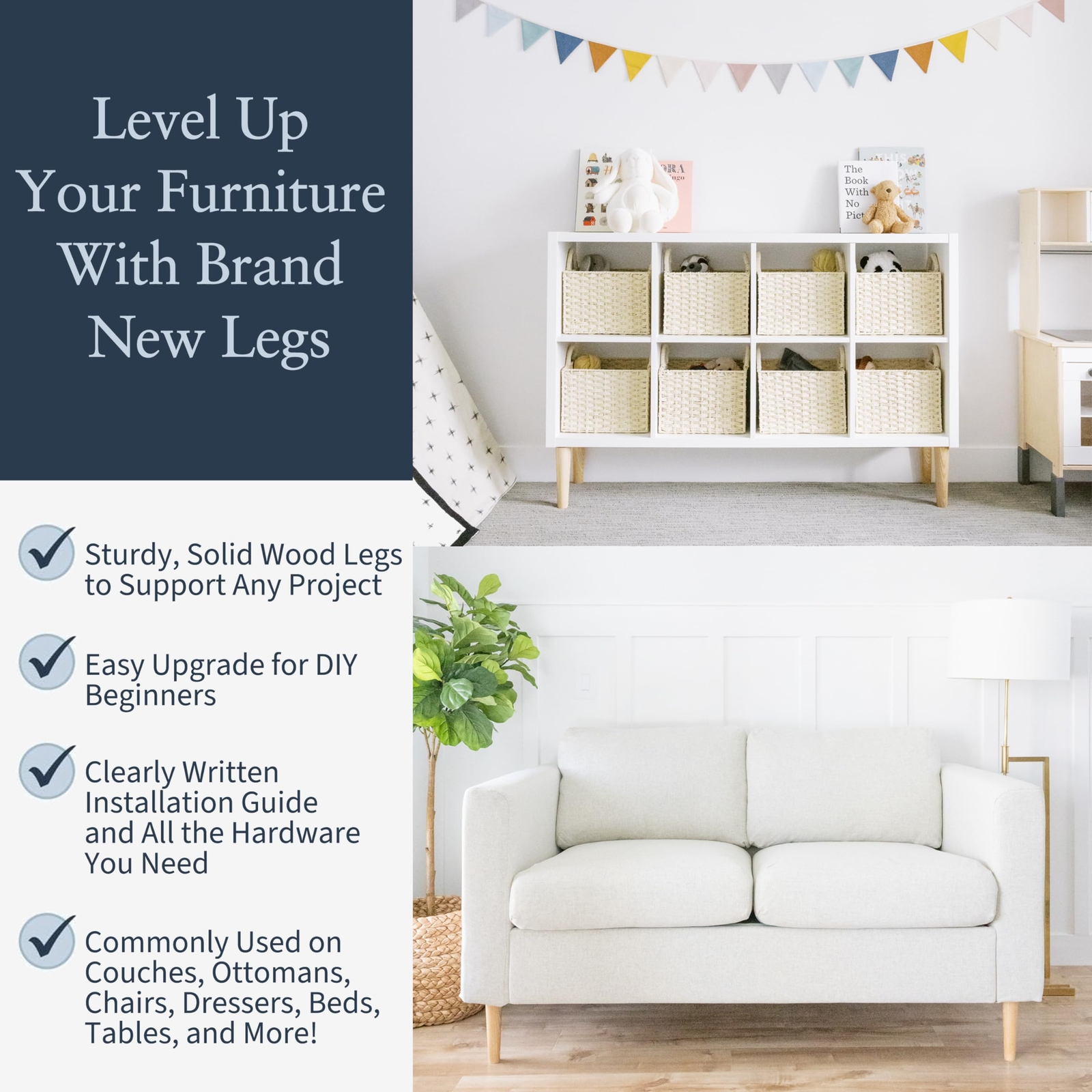 Premium Ash Wood Furniture Legs Full Install Kit - Pick Your Size and Color