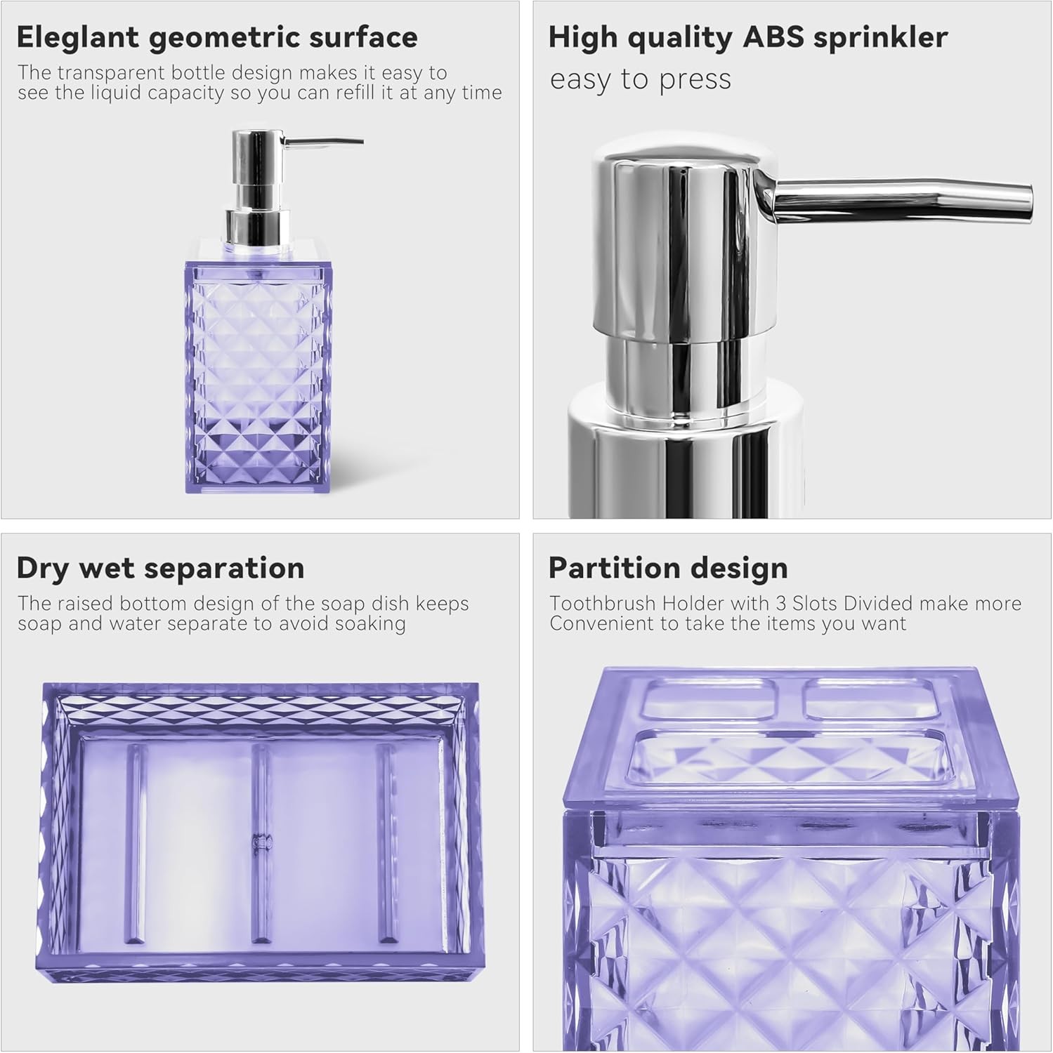 Bathroom Accessory Set Light Purple 4 PCS Soap Dispenser Organizer Set