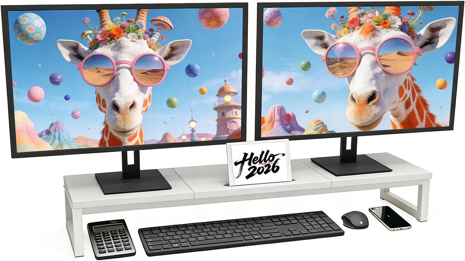 Dual Monitor Stand Riser, 38.7'' Long Wood and Steel Monitor Stand for 2 Monitor