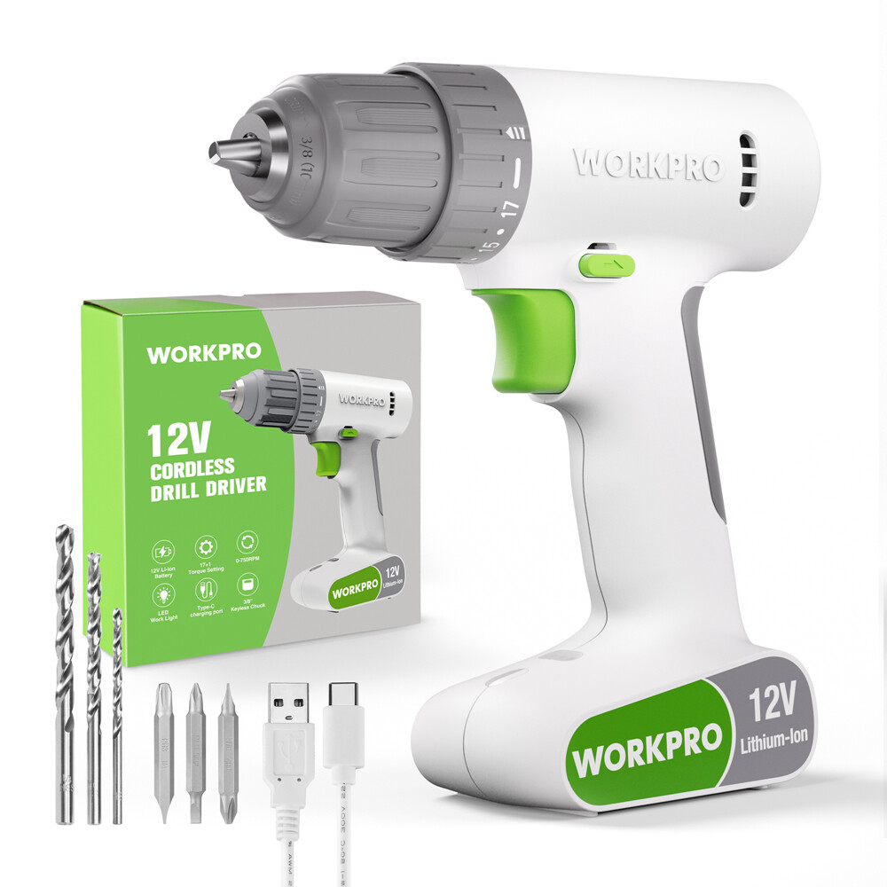 WORKPRO 12V Cordless Drill Driver 6PCS Bits Set 3/8-Inch Keyless Chuck 18 Touque