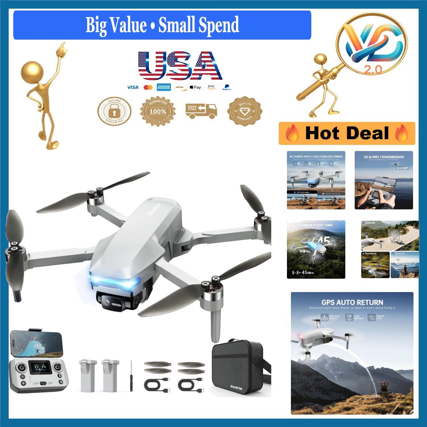 Foldable 4K Camera Drone for Adults with App Control, GPS, 40-45 Min Flight