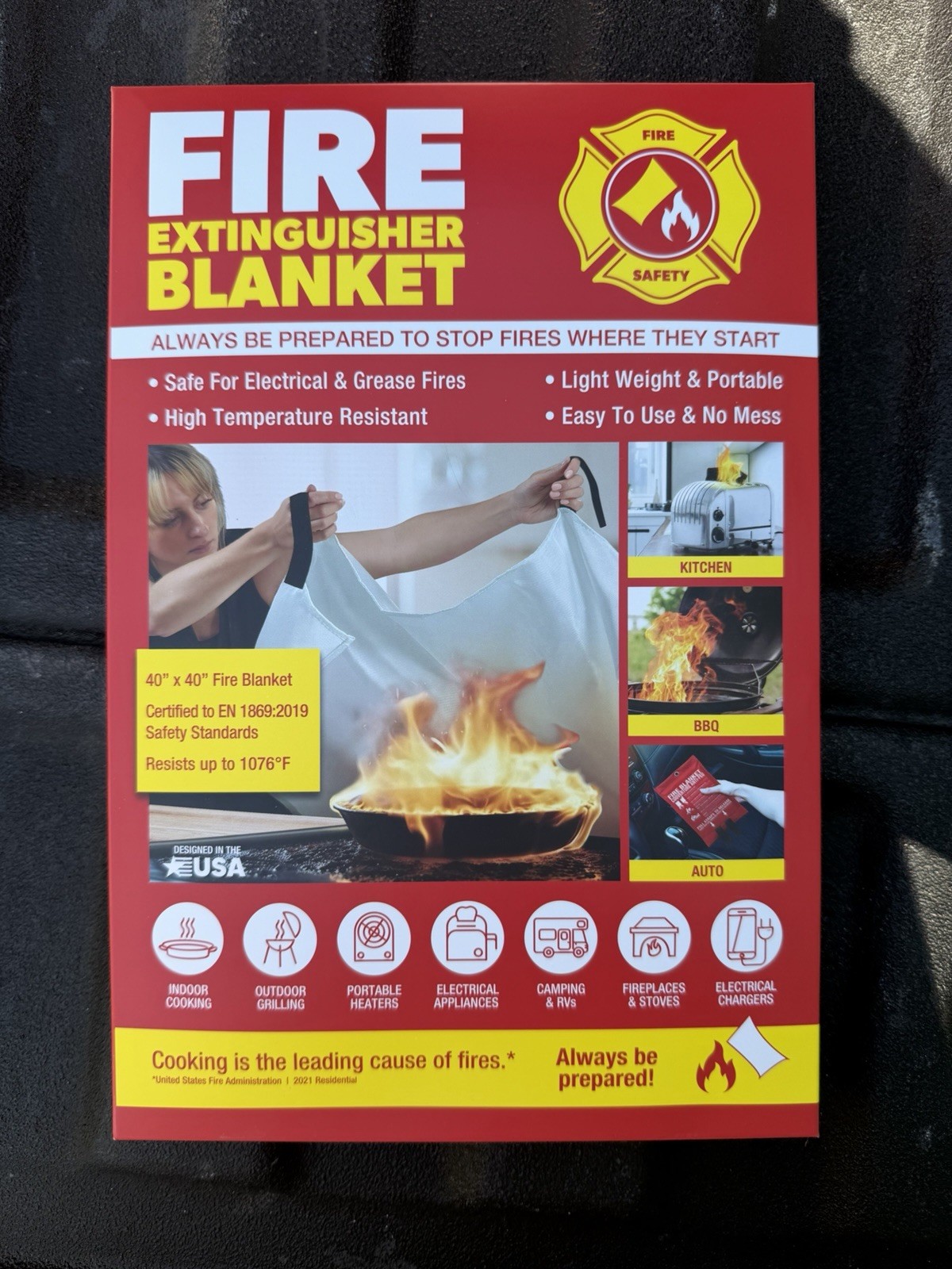 *40 x 40 in. Emergency Fiberglass Fire Blanket Home Office Kitchen Auto Safety
