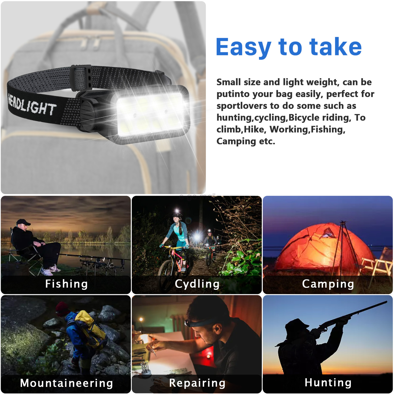 K353 Rechargeable Headlamp Flashlight COB White Red Light Super Bright 5 Mode