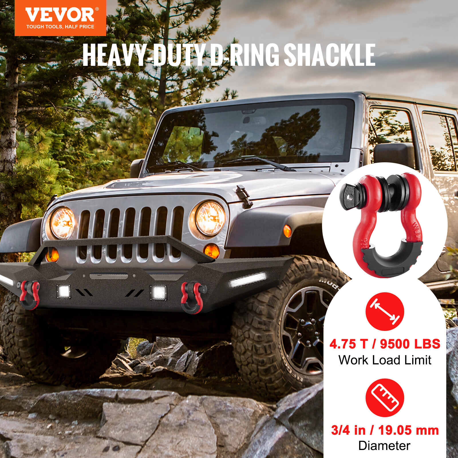 VEVOR 2 Pack 3/4" D Ring Shackle with 7/8" Pin Heavy Duty 62832lb Break Strength