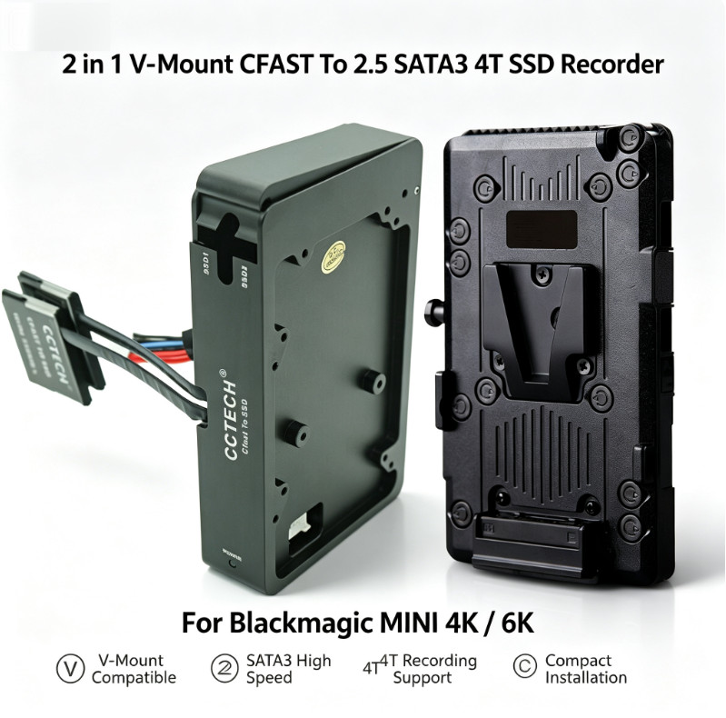 2-in-1 V-Mount CFAST to SATA3 SSD Recorder for Blackmagic Mini 4K 6K 4TB FREE EX