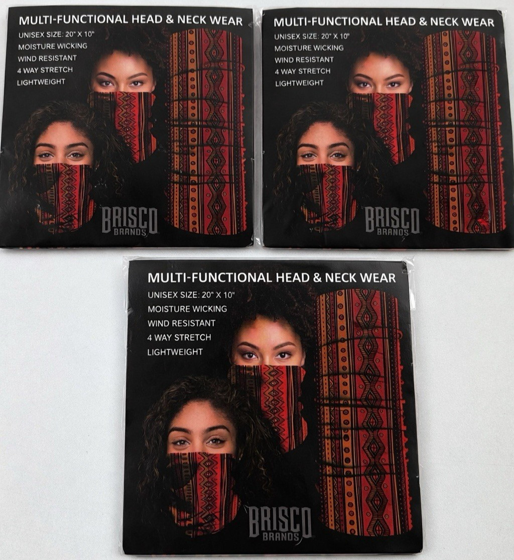 Lot of 3 Brisco Brands Neck Gaiter Face Mask Orange Tribal 20x10