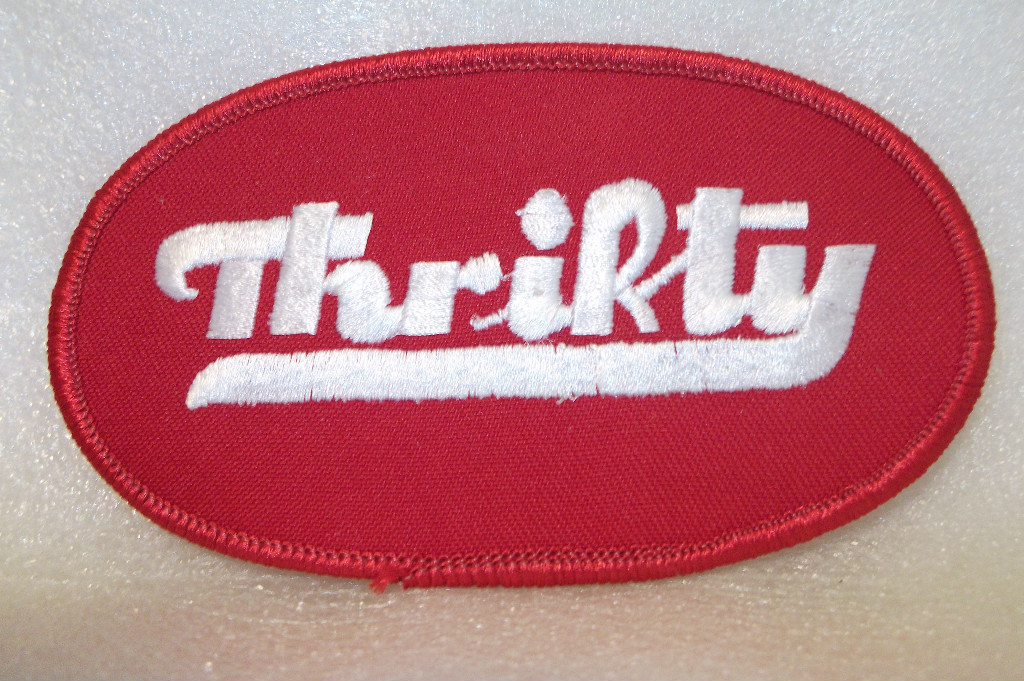 THRIFTY  EMBROIDERED NEW SEW ON NAME PATCH TAG   2-1/2t X 4-1/2w