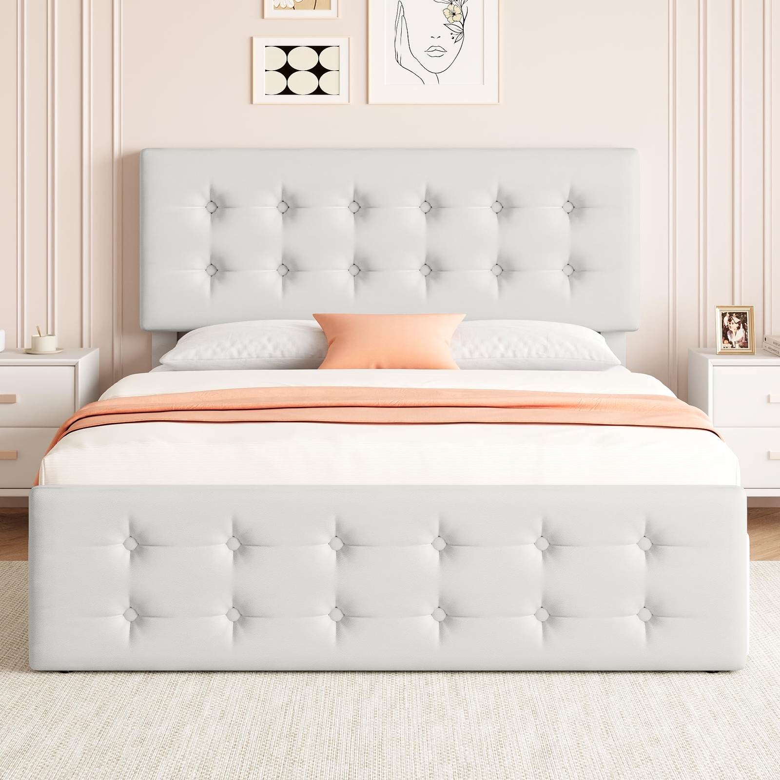 Full Size Bed Frame Linen Upholstered Platform Bed Frame with 4 Storage Drawers