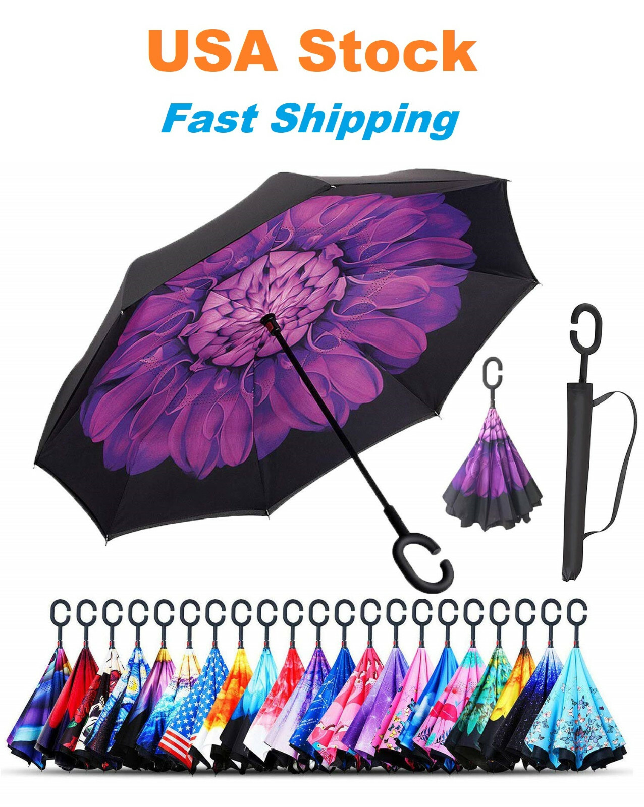 C-Handle Inverted Reverse Umbrella, Flower print (Inside-out, Upside-down)