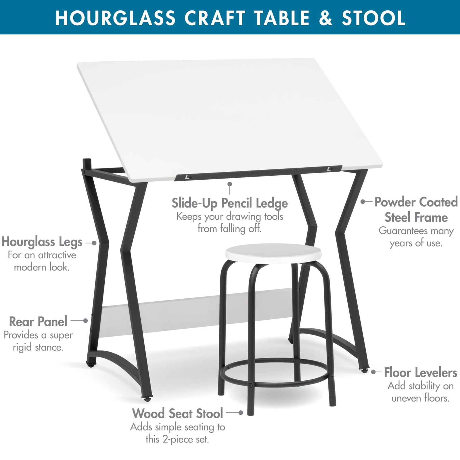 Hourglass Craft Table Angle Adjustable Drafting Table, Table+Stool