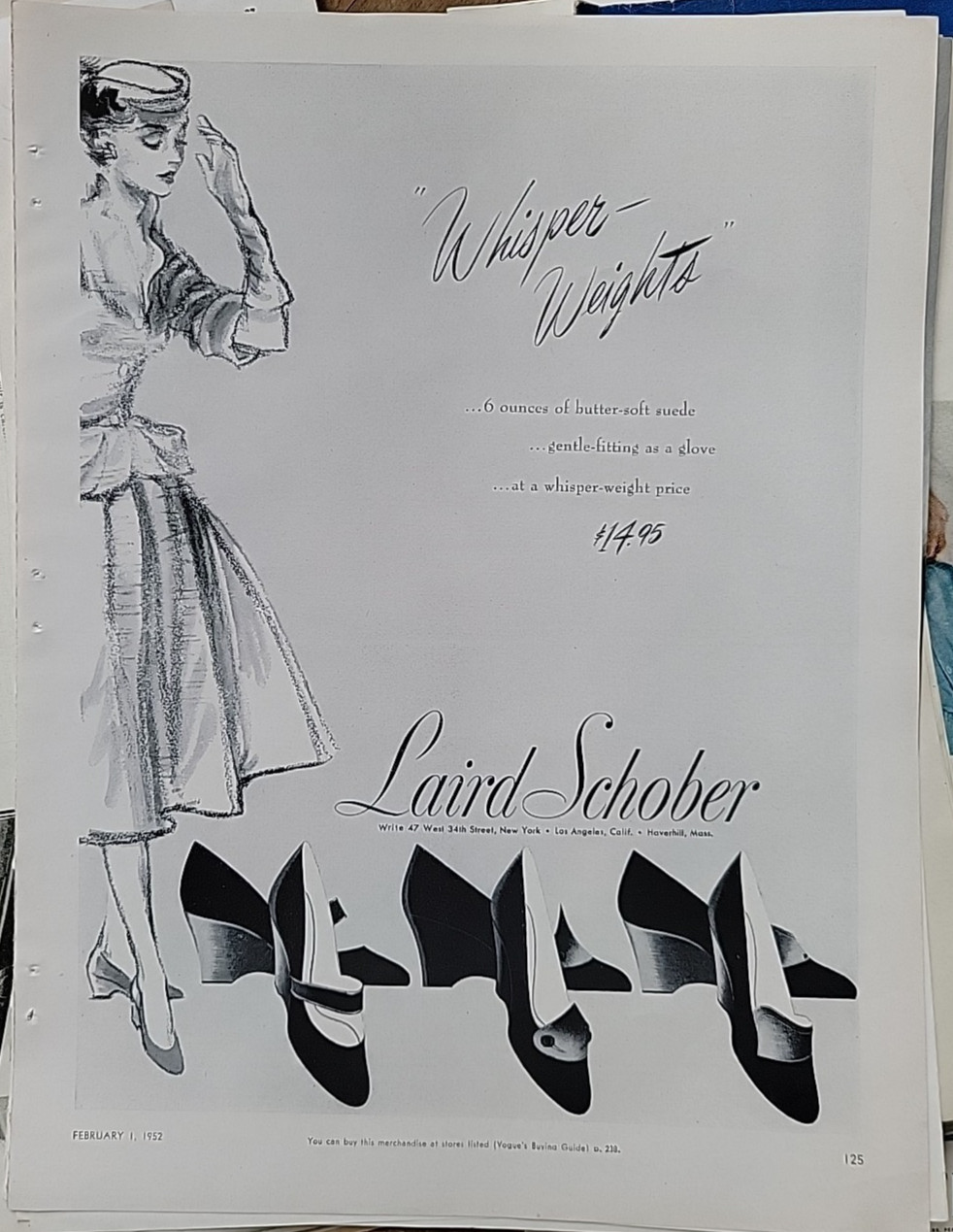 1952 womens Laird Schober Whisper Weights shoes vintage fashion art ad