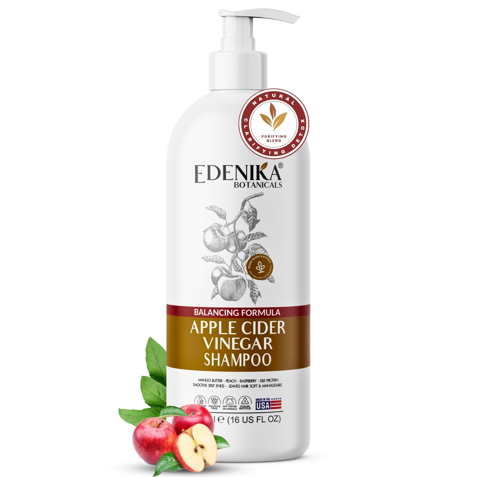 Edenika Apple Cider Vinegar Shampoo Clarifying Detox Scalp Sulfate Free 16 oz