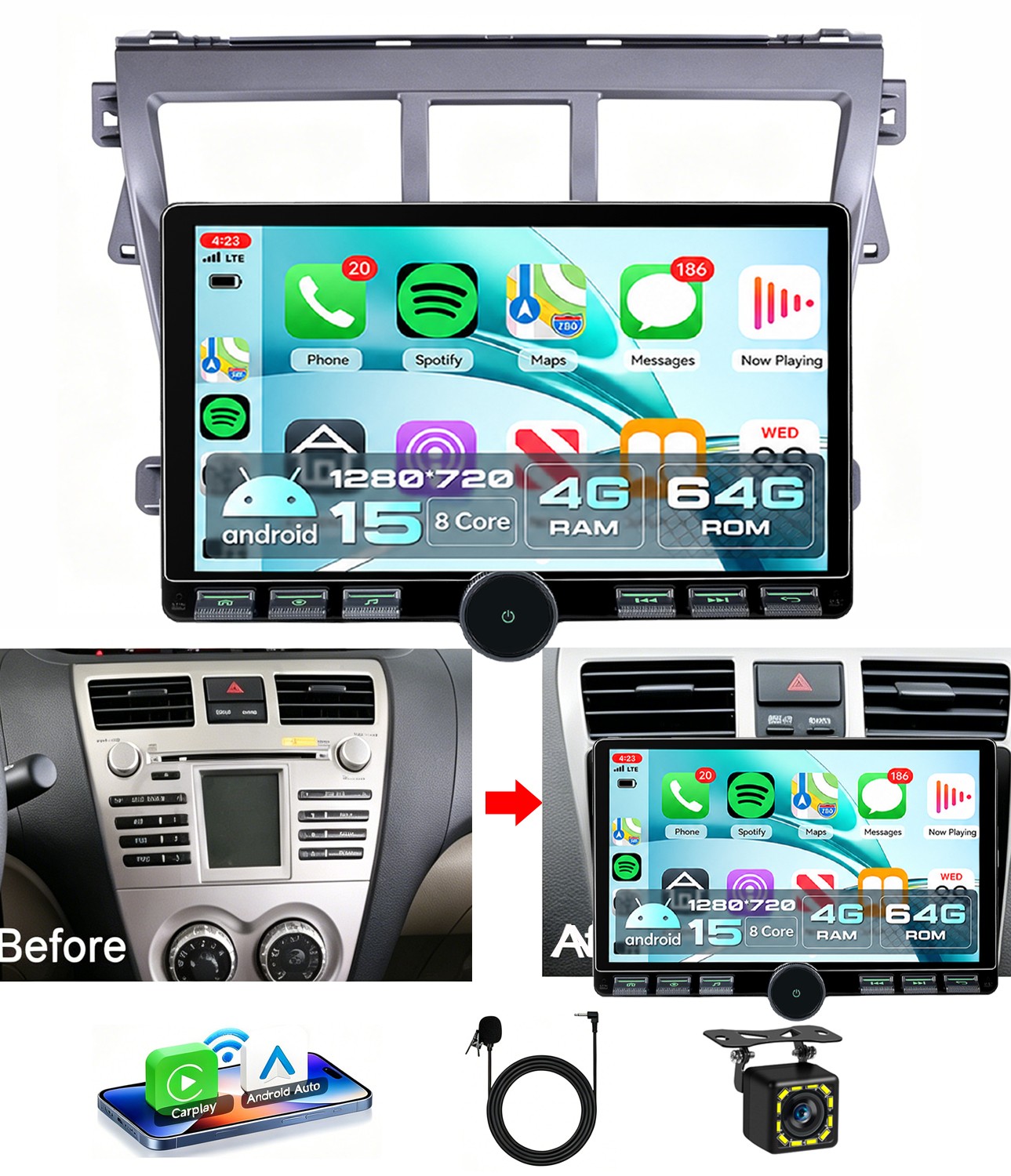 64G Android 15 Car Radio GPS Nav Stereo CarPlay For Toyota Vios Yaris 2007-2012