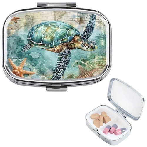 Sea Turtle Shaped Pill Box, Mini Medication Case With 2 Compartments Travel Size
