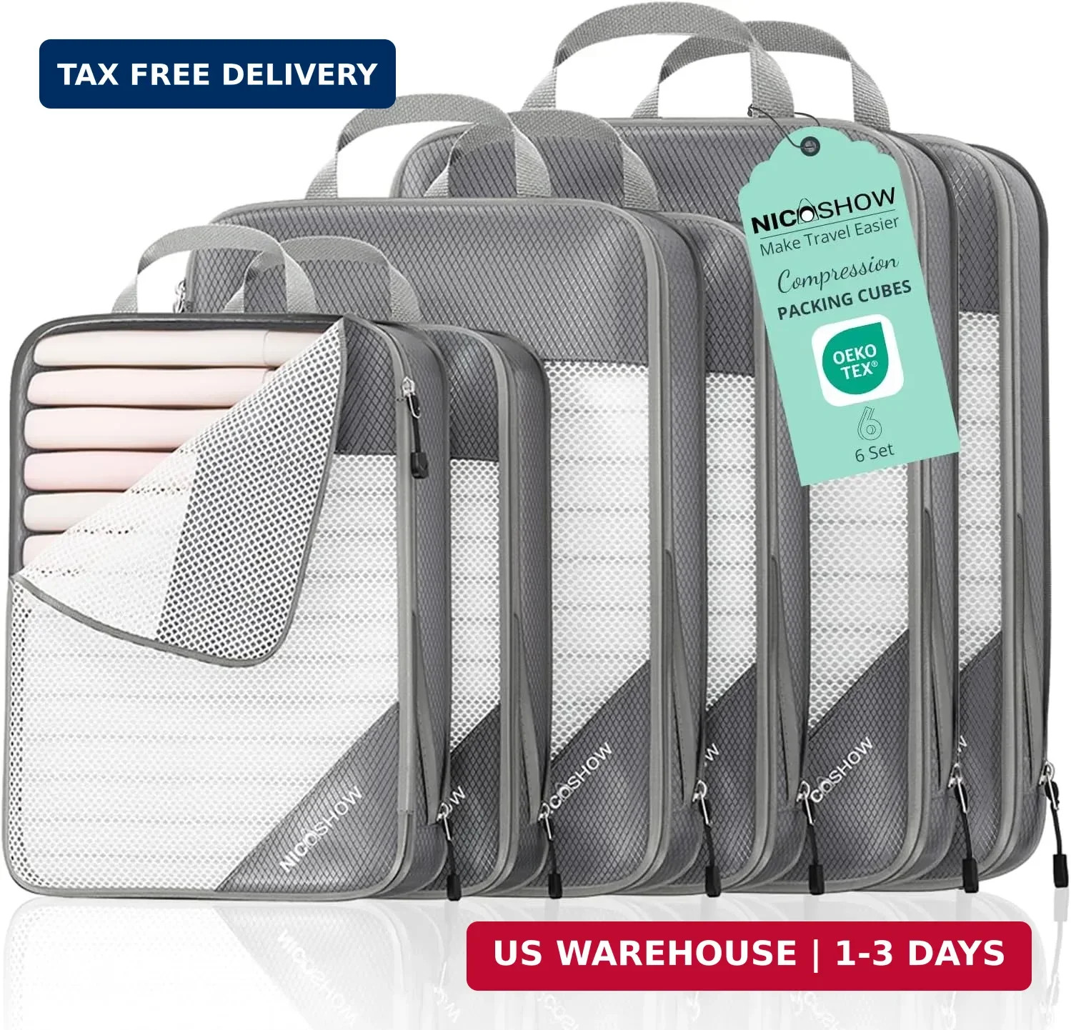 NICOSHOW 6 Set Compression Packing Cubes for Travel - Compressible, Lightweight,
