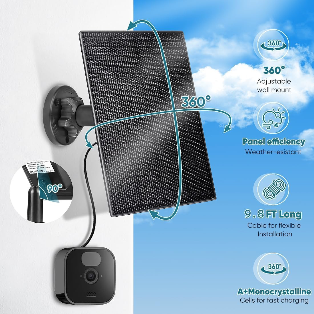 Solar Panel Charger for Blink Outdoor Camera, 3W Solar Panel Compatible with 260