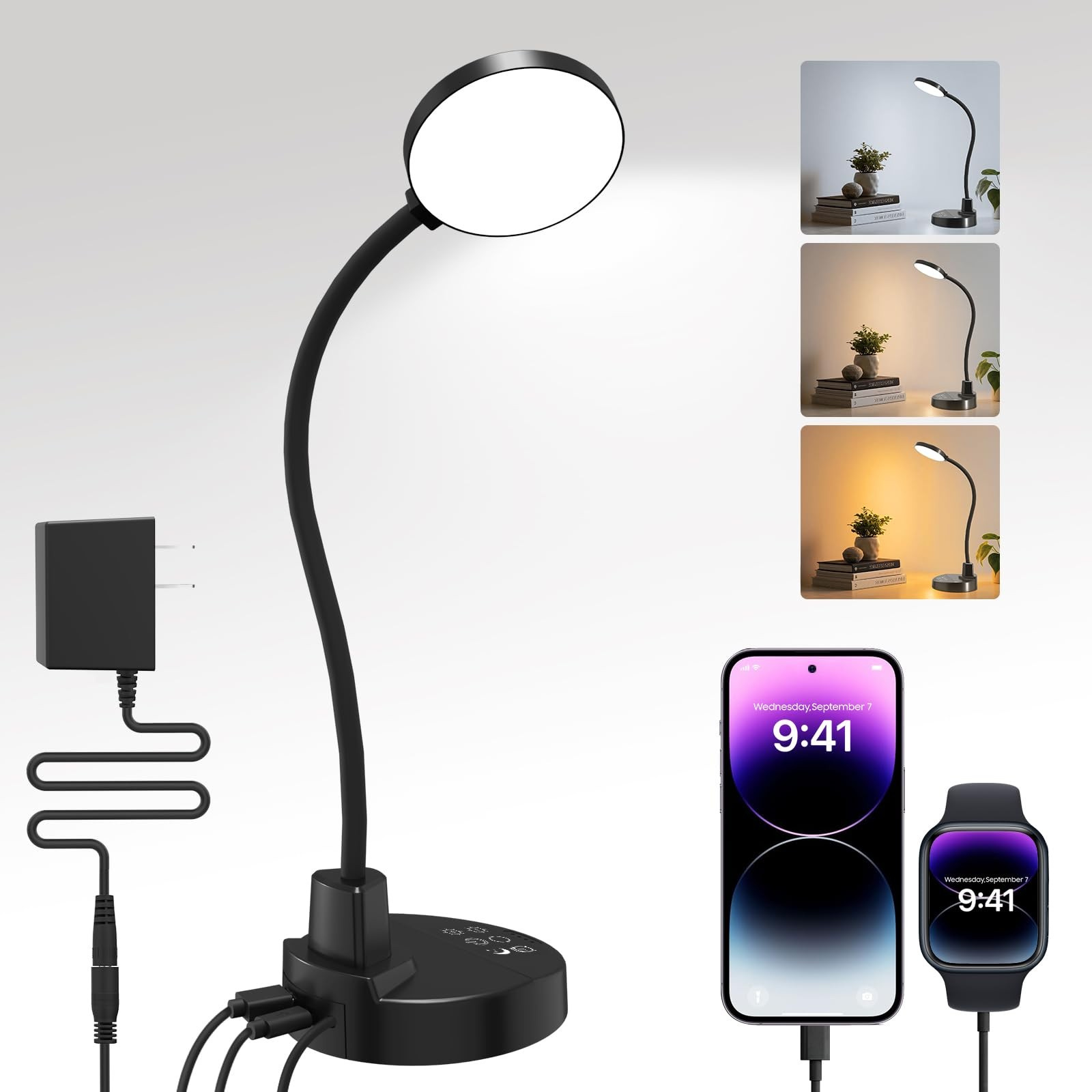 15W LED Desk Lamp with USB Charging Ports – Dimmable Table Lamp with 3 Color Te
