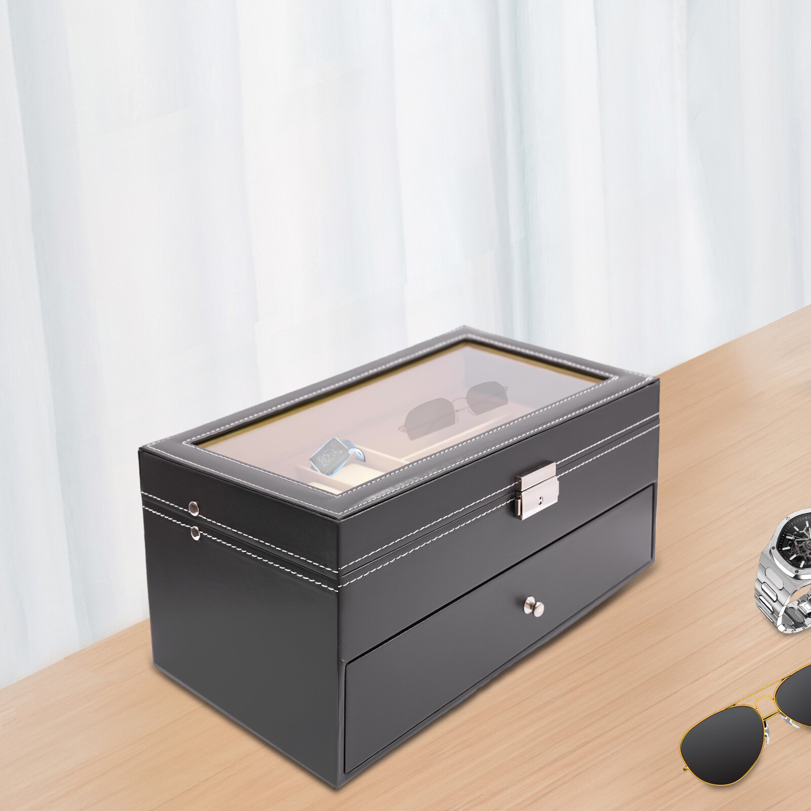 Eyeglasses & Watch Storage Box PU Organizer 6 Slots Sunglasses Drawer Storage