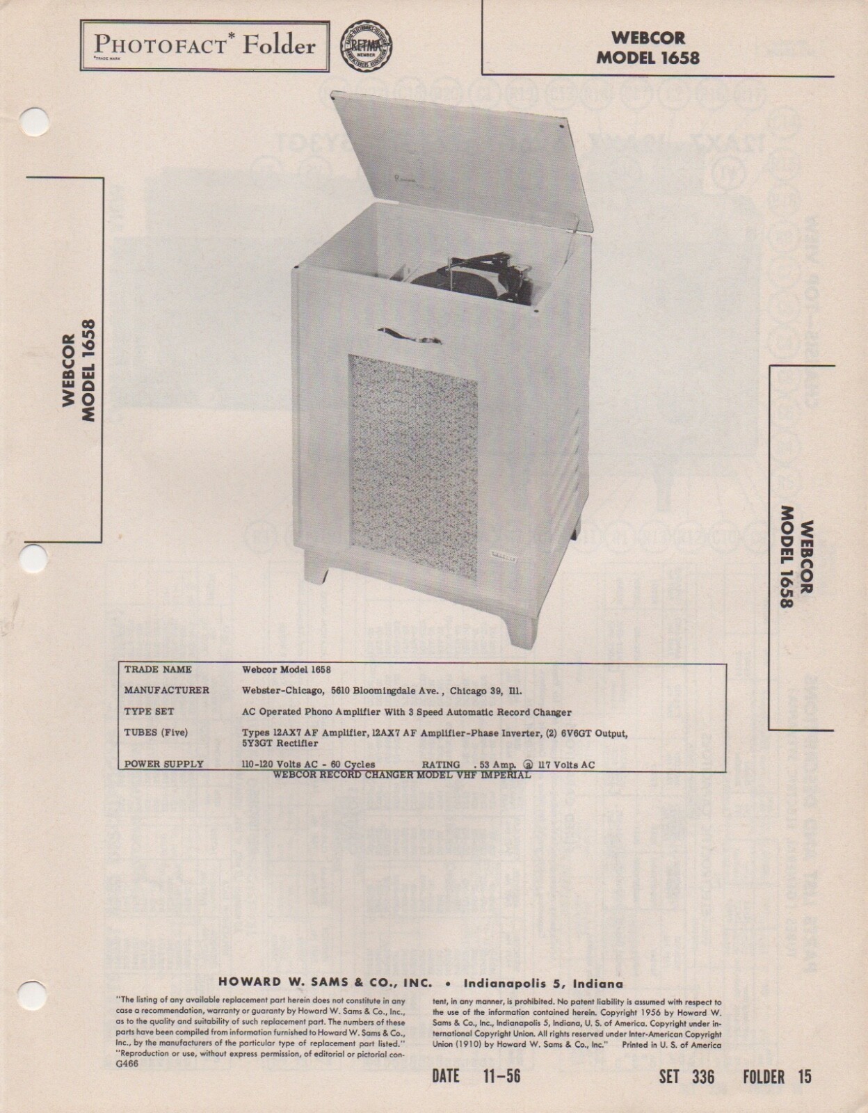 1956 WEBCOR 1658 console RECORD PLAYER phono SERVICE MANUAL photofact schematic 