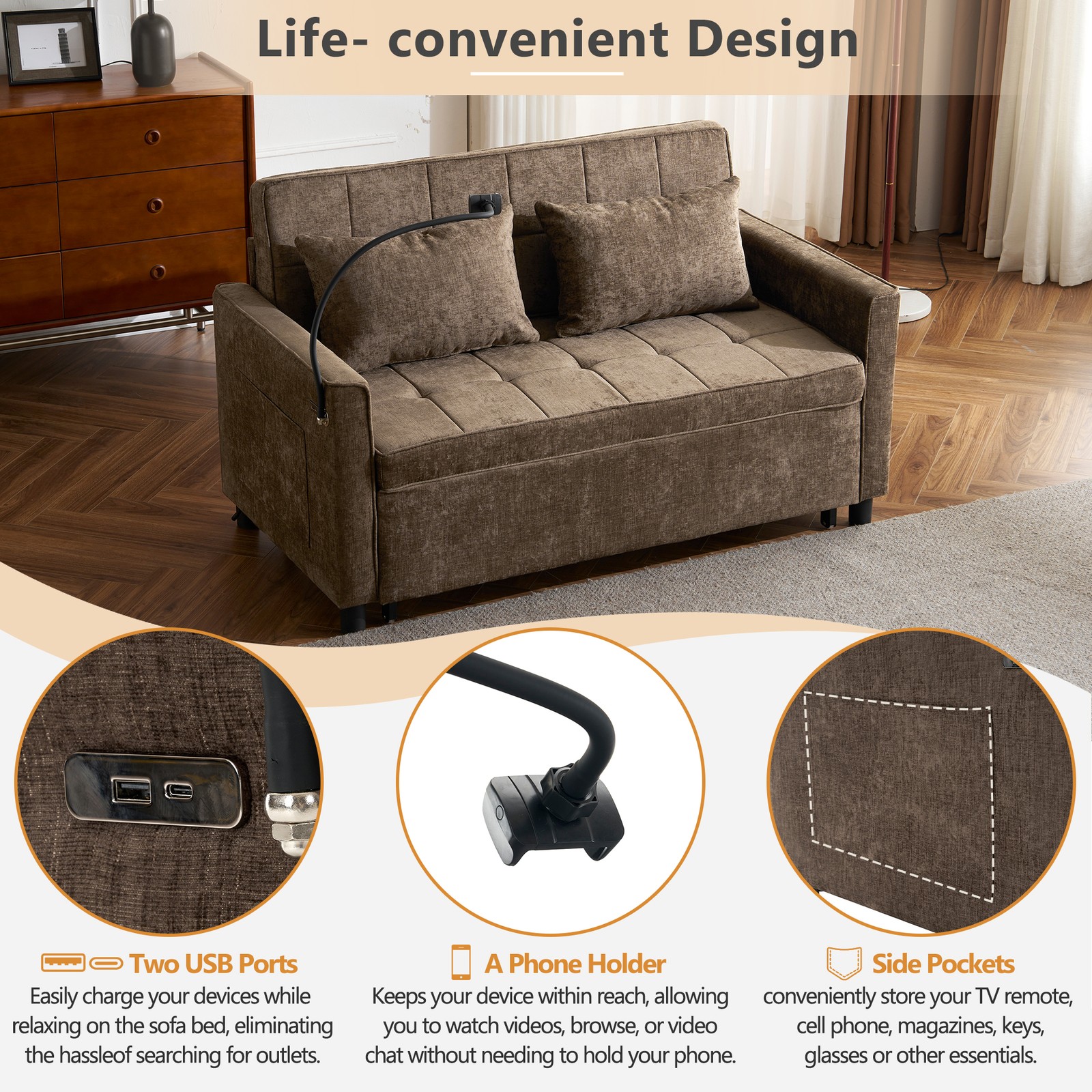 56.9" Loveseat Sofa Pull-out Sofa Bed Sleeper Sofa with a Reversible Backrest