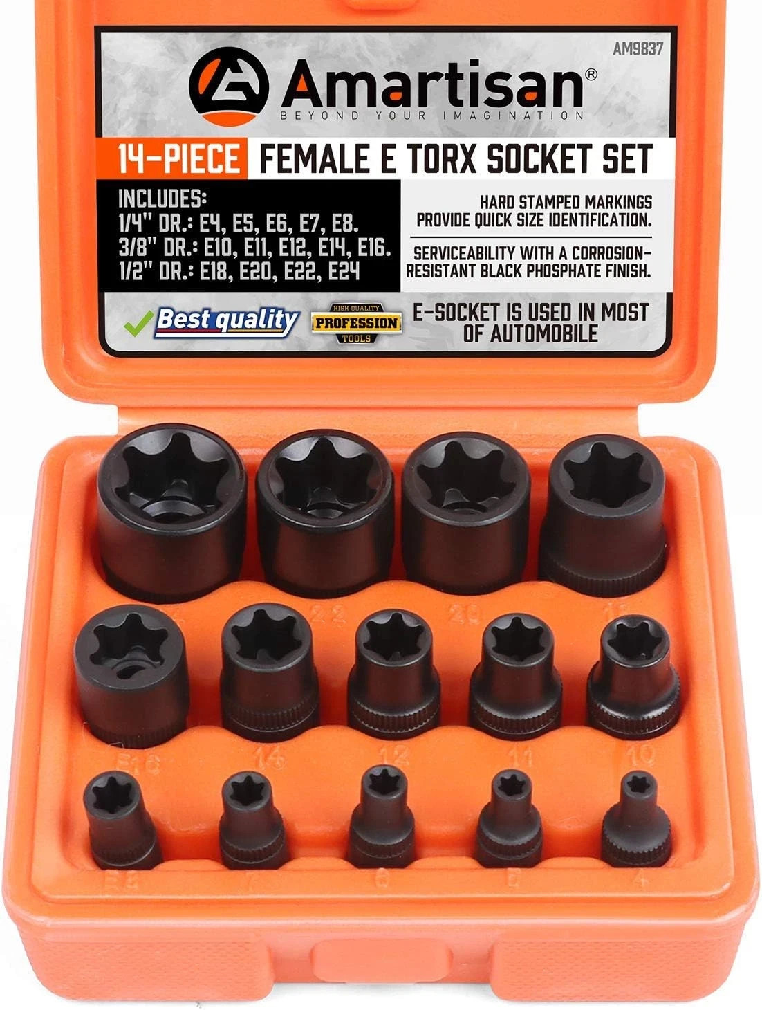 14 Pc Female E-Torx Star Socket Set/Rail, 1/4" 3/8" 1/2" Drive, E24 External Tor