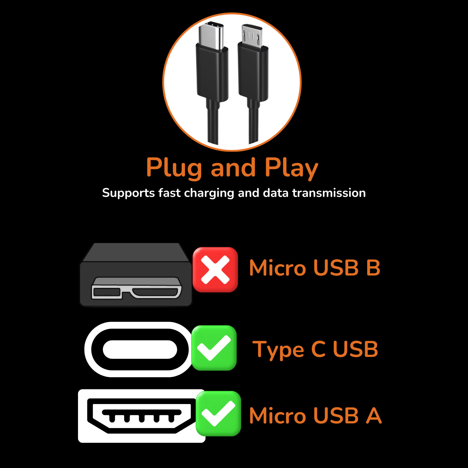 USB Type C to Micro 5V/2.4A Data & Sync Transfer OTG charging cable - Black Lot