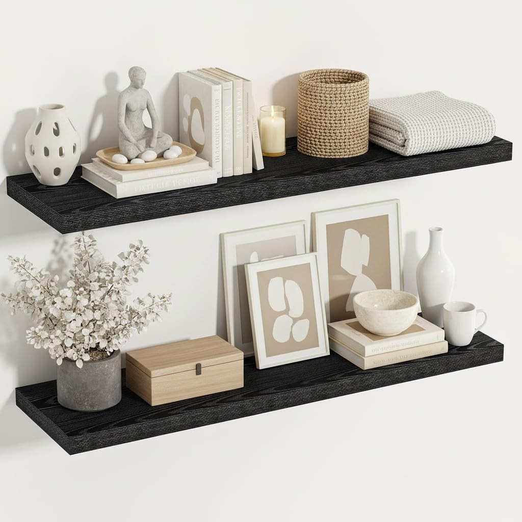Black Floating Shelves for Wall 48 Inches Wide, 12" Deep Wall Shelves for