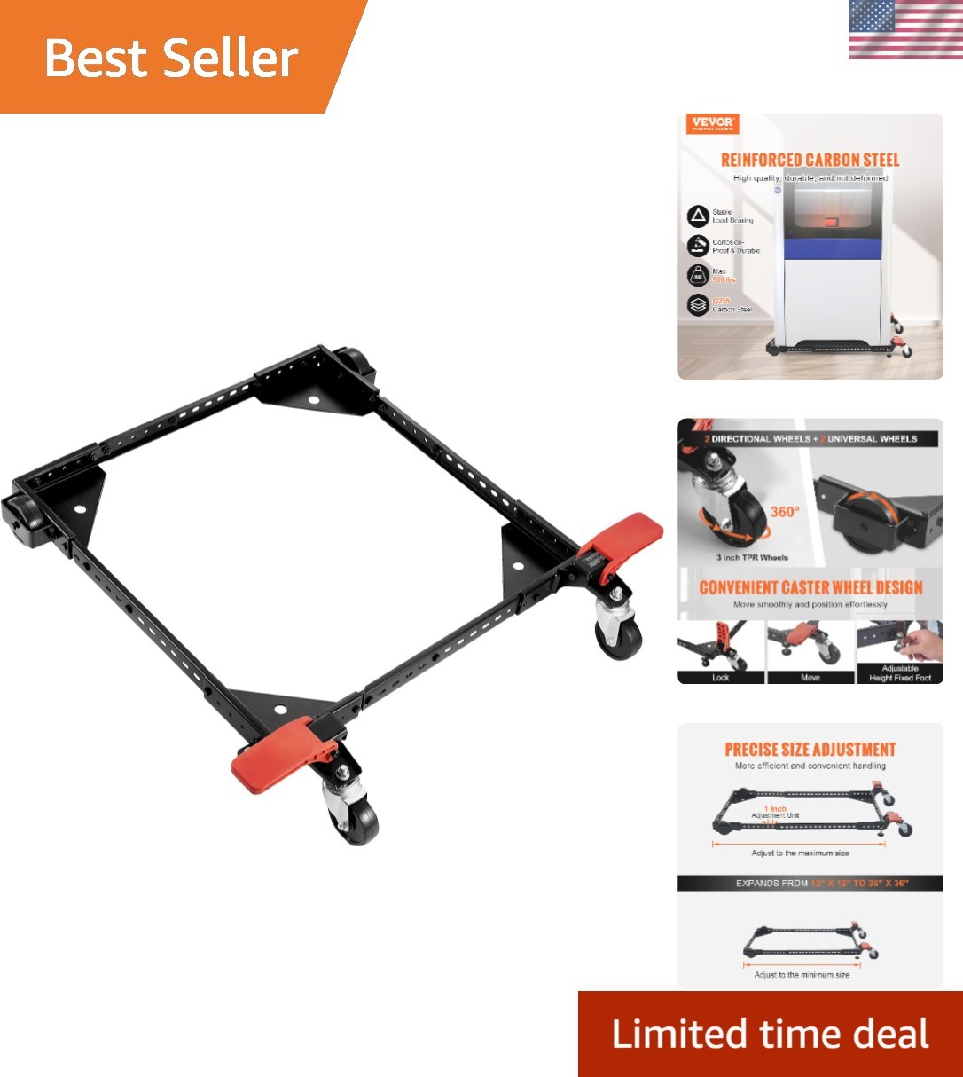 Mobile Base, 500 lbs Weight Capacity, Adjustable from 12" x 12" to 36" x 36",...