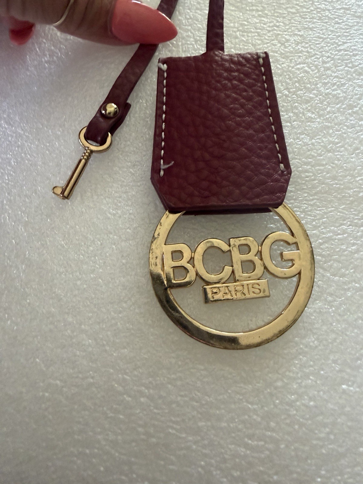 BCBG Gold Circle Logo Charm Brick Red Leather & Key VTG Handbag Purse Charm