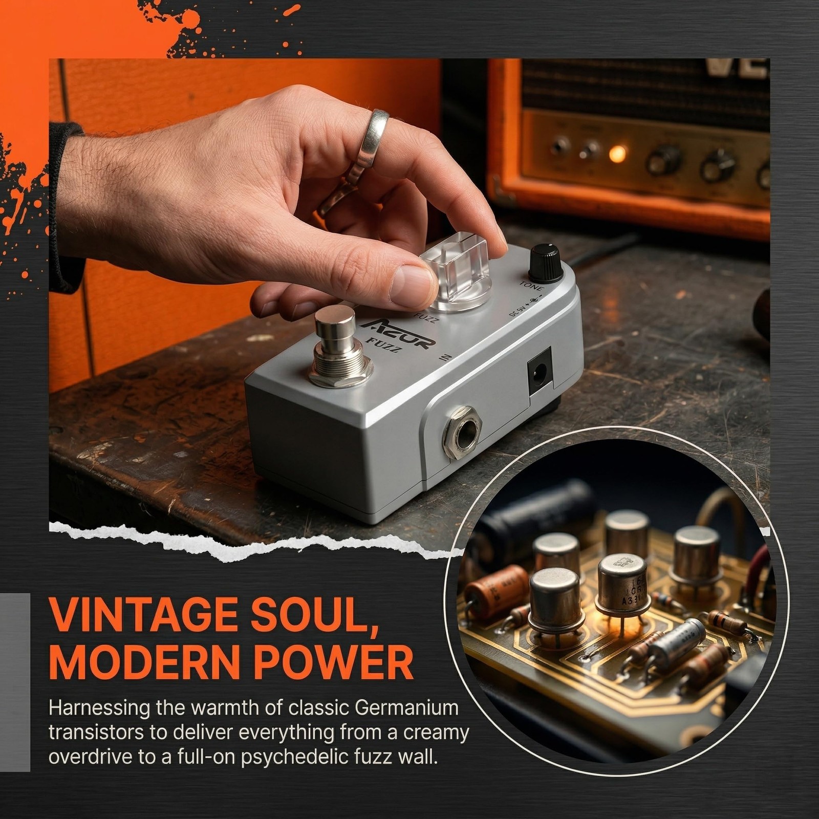 AZOR Fuzz Guitar Effect Pedal Classic Vintage Analog AP303, Grey