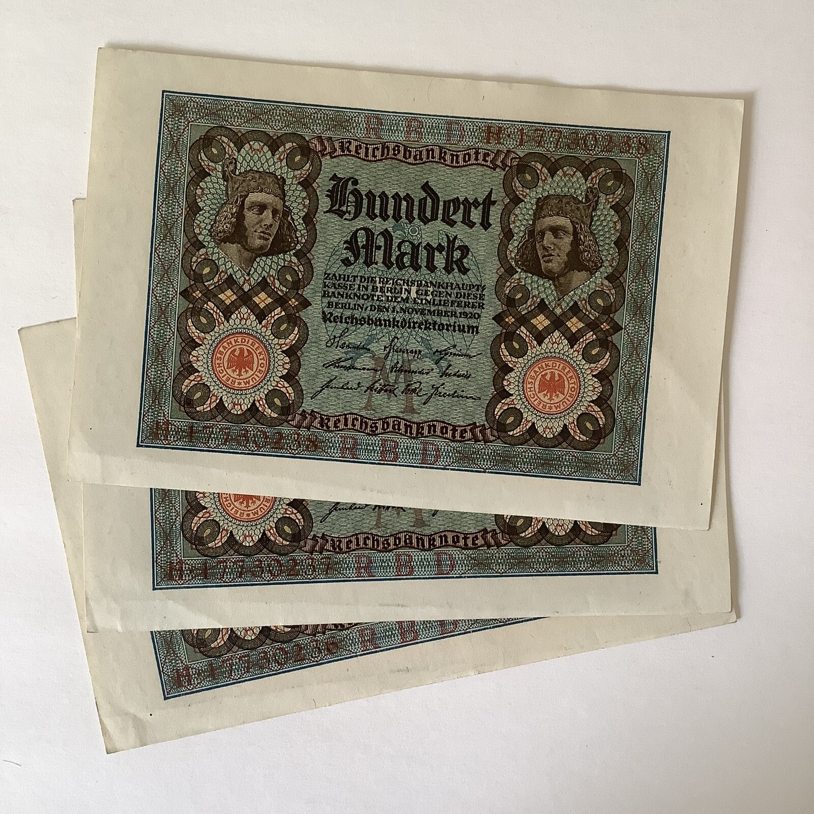 Germany Run of 3 Banknotes 100 Mark 1920 Sequential Numbers AX738