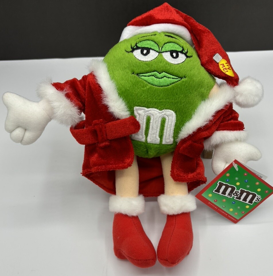 Green M & M in Santa Outfit Plush With Tags 10 Inch Lights Up!