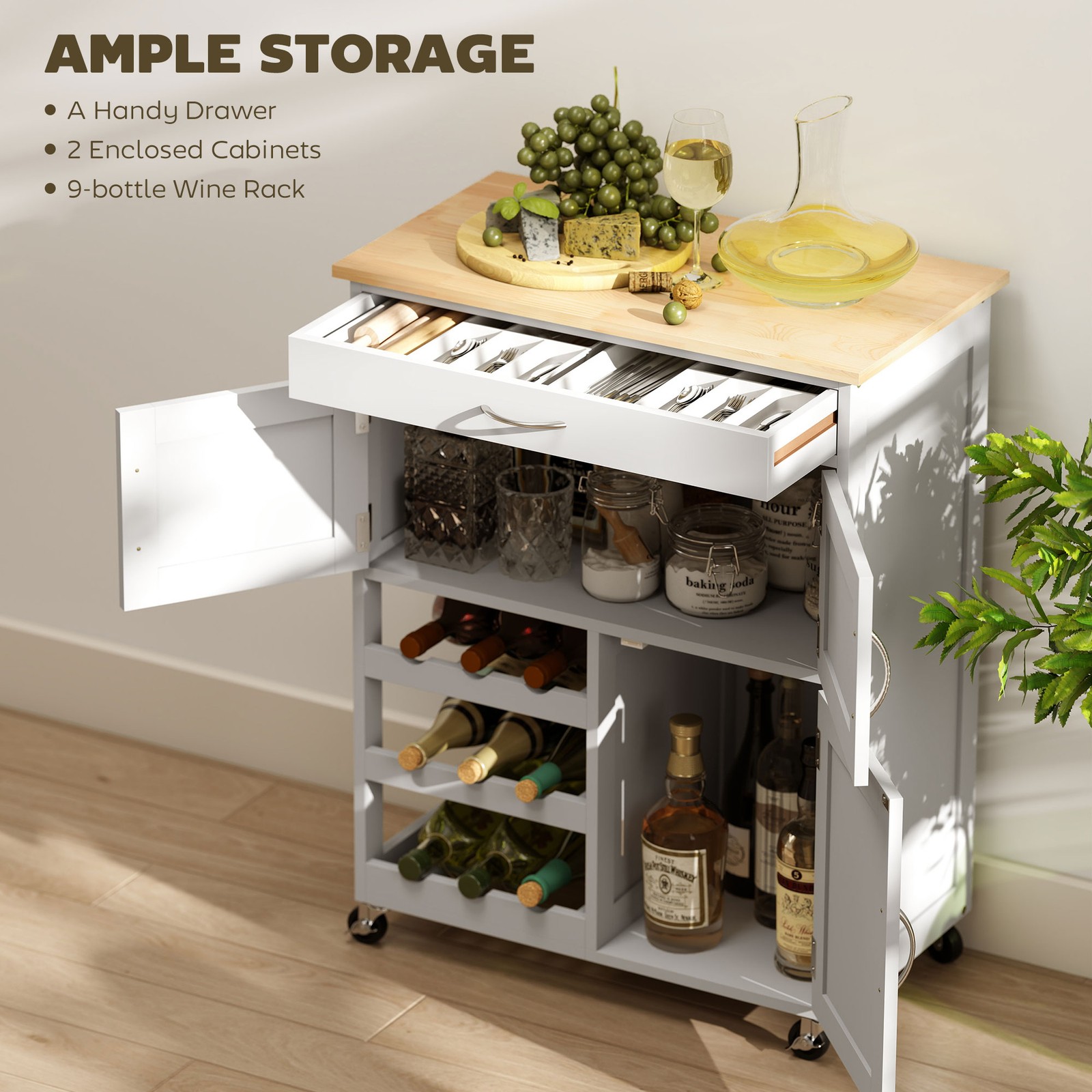 Bar Cart Rolling Kitchen Island on Wheels with Wine Rack