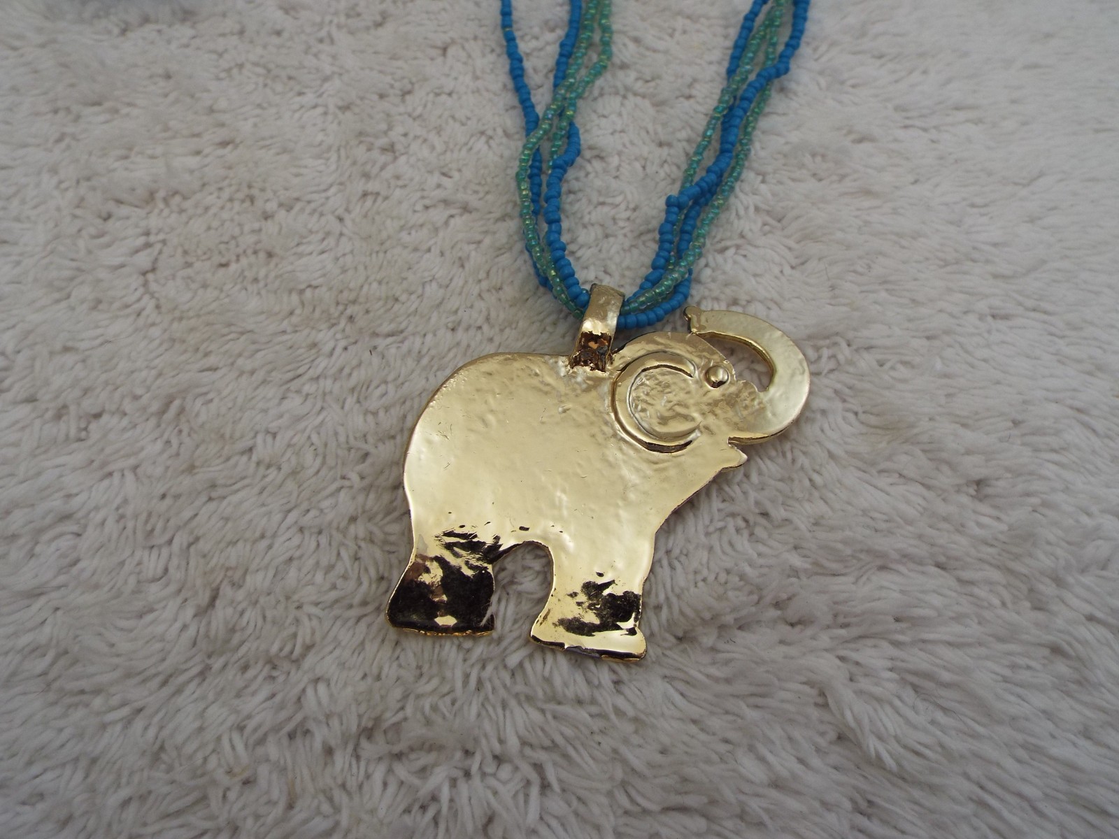 Blue Seafoam Glass Micro Bead Goldtone Pendant Necklace (B23)