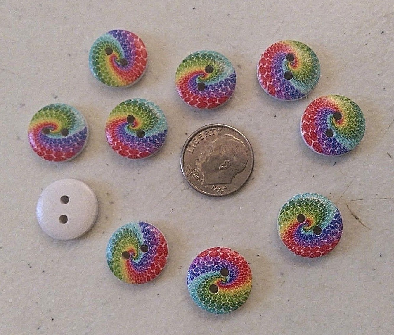 Pkg of 100 RAINBOW SPIRAL 2-hole White Wood Buttons 5/8" (15mm) Craft (102)