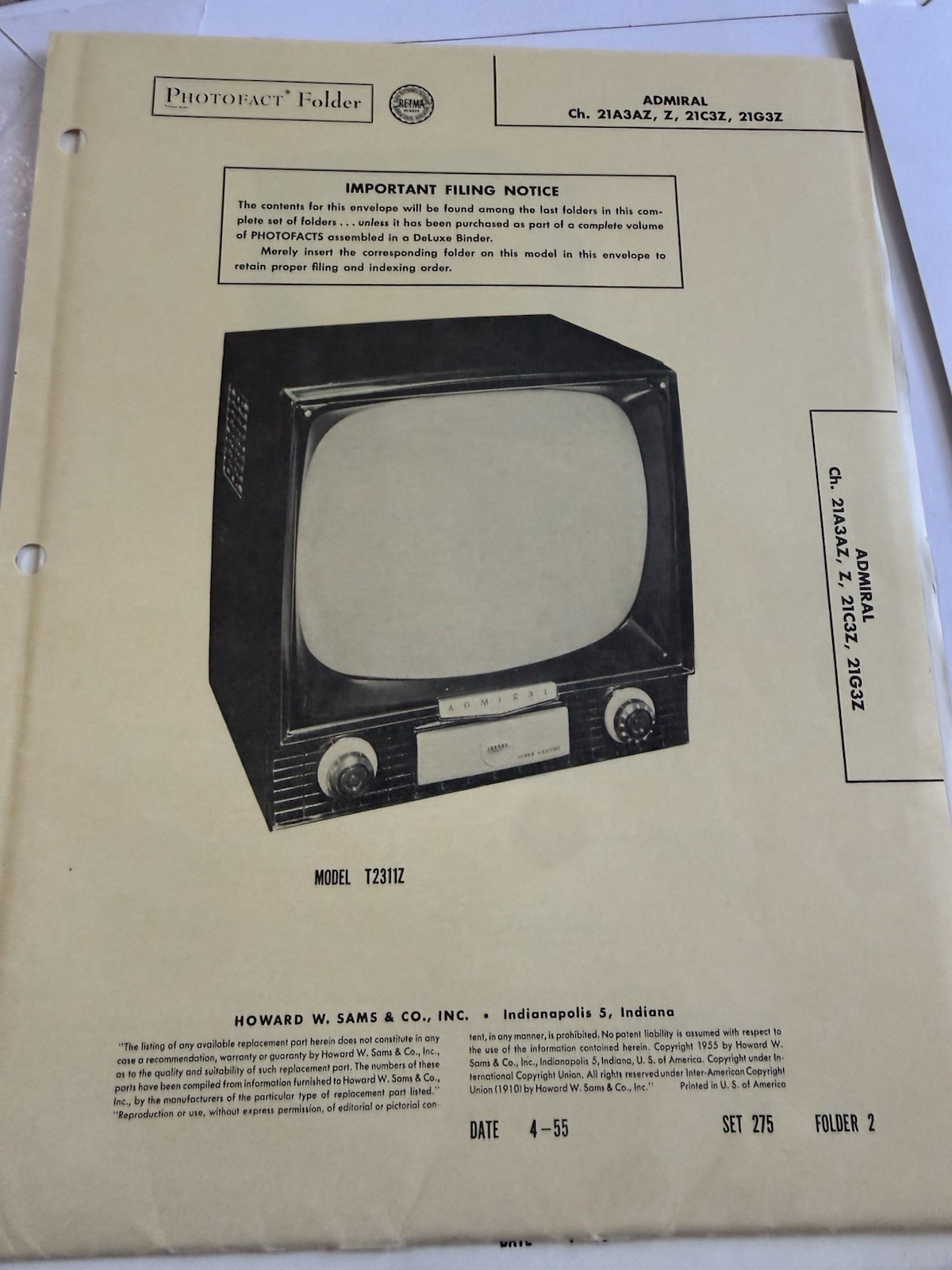 SAMS Photofact Set 275 Folder 2 Admiral 21A3AZ 21C3Z 21G3Z 1955 TV