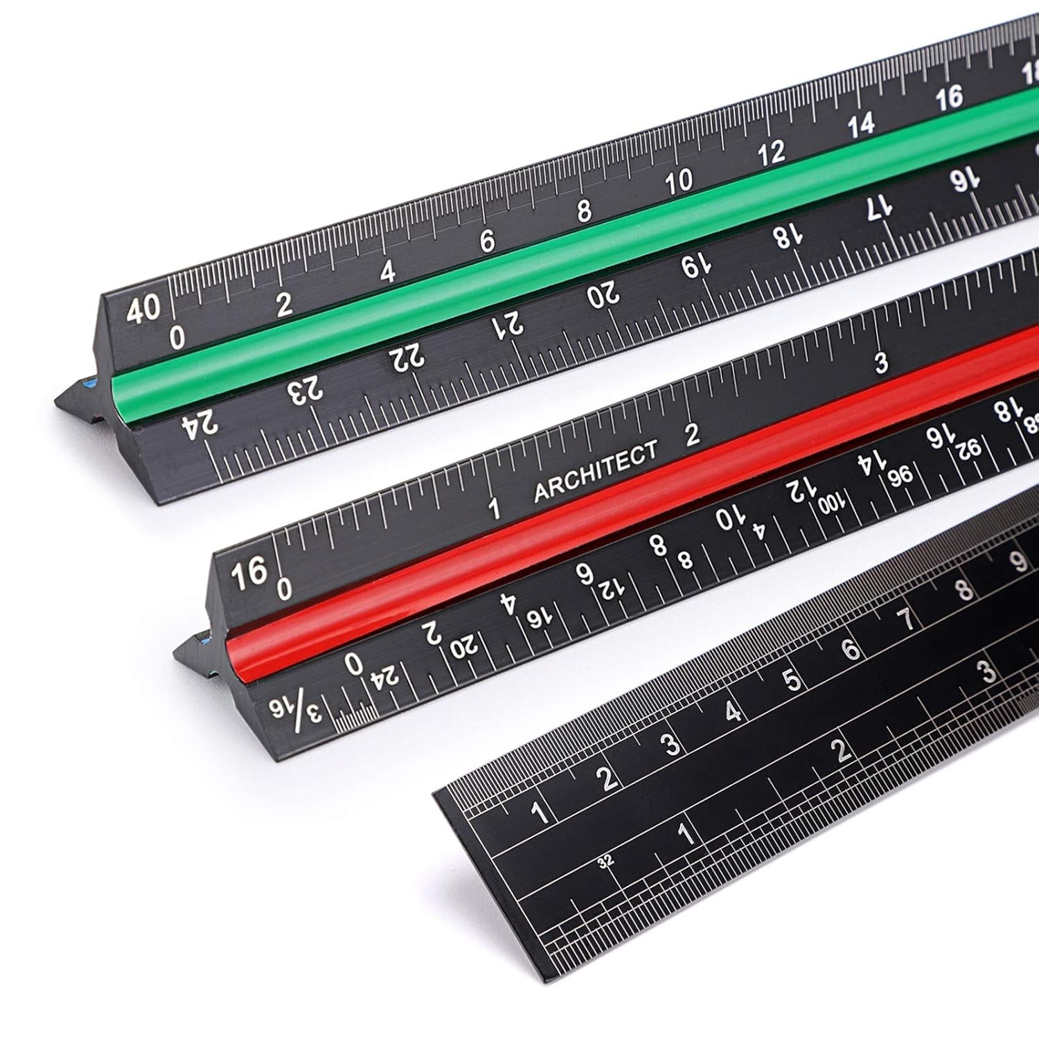 OwnMy 3 Pack 12 Inch Solid Aluminum Triangular Architect Black, Green, Red