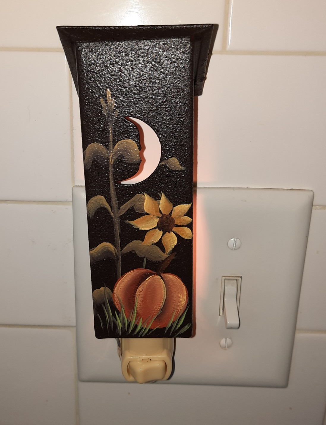 Outhouse-Style Night Light w/Hand Painted Sunflower&Pumpkin by Verdier 6.5" Tall