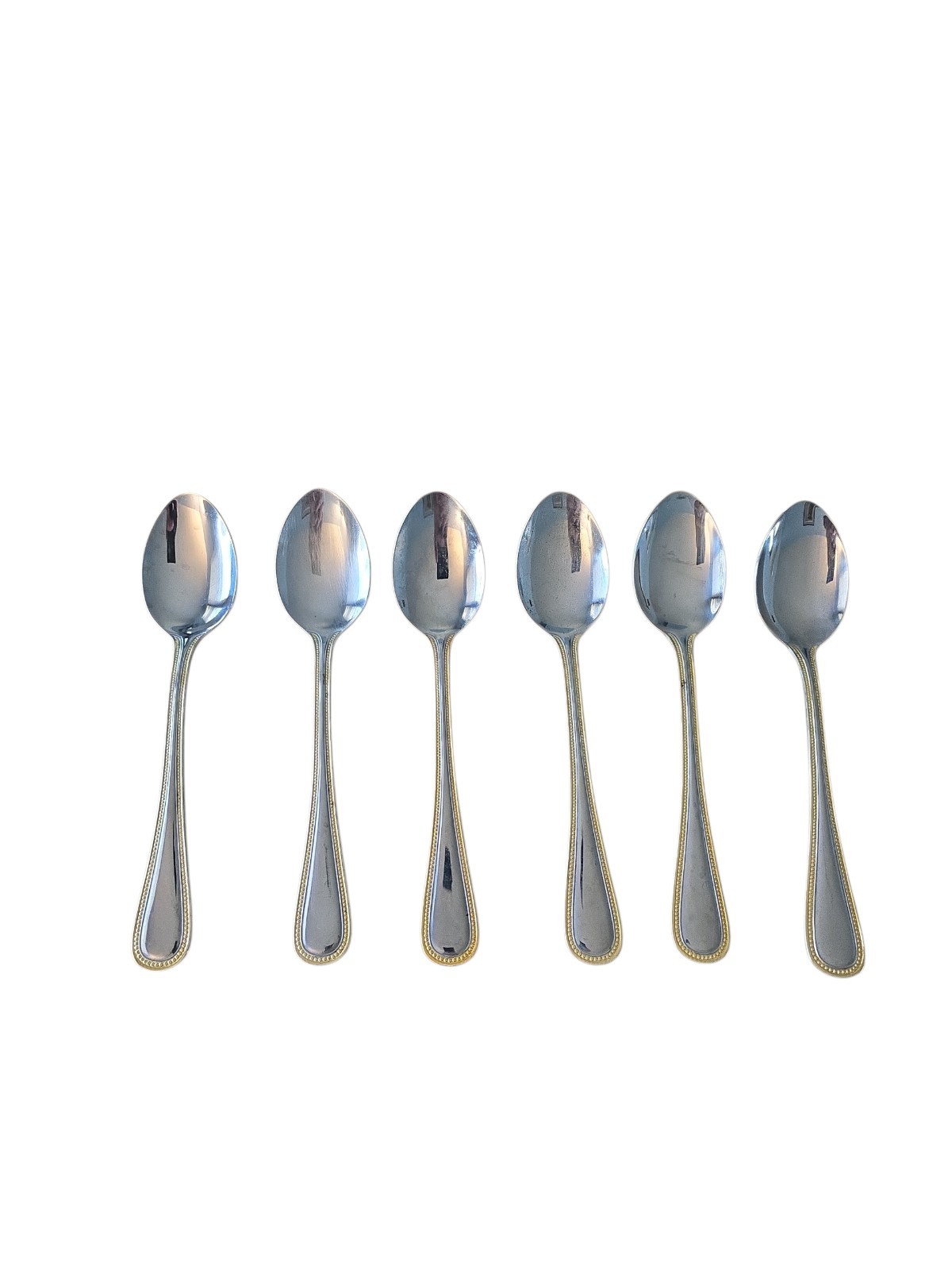 6 International Royal Bead Pearl Gold Accent Stainless Dinner Spoons 7.25"