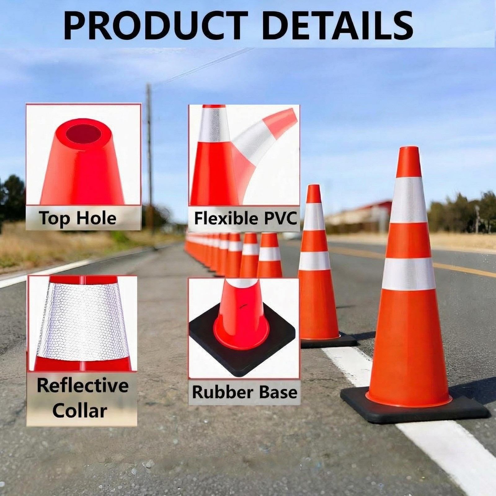 6Pack 28inch Orange PVC High-Performance Traffic Cone, Traffic Safety Cone