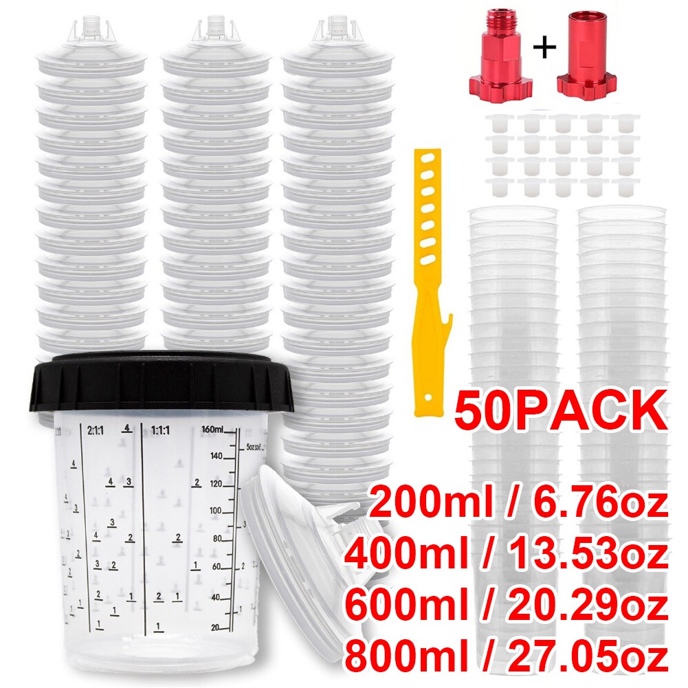 50 Pack CUPS Disposable Paint Spray Gun Cup Liners and Lid System (125 Mic)
