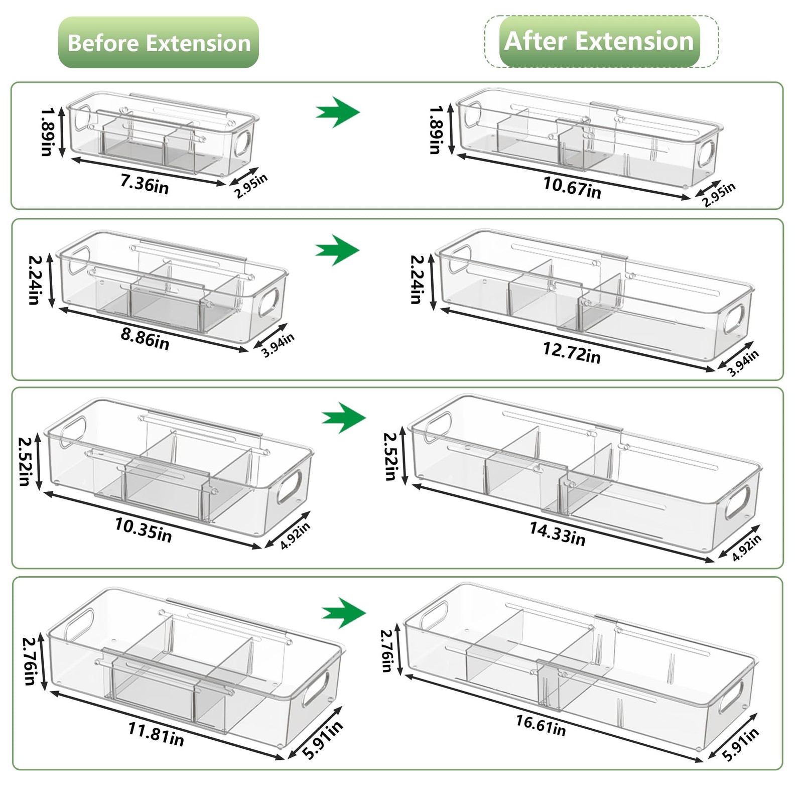 4-in-1 Expandable Drawer Organizer Set, Adjustable Clear Bins