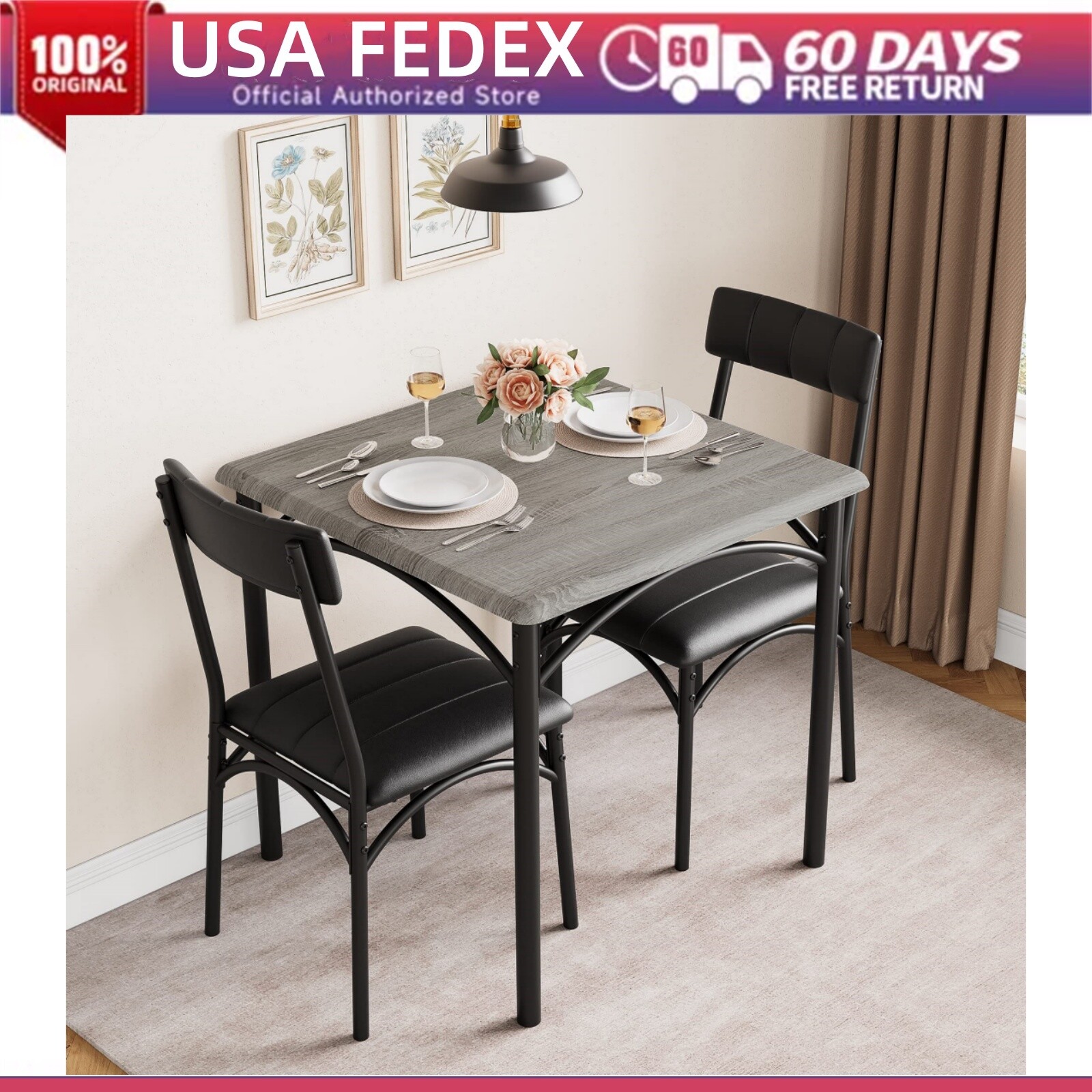 🌎3 Piece Dining Table Set Kitchen Table W/2 Upholstered Chairs for Small Space