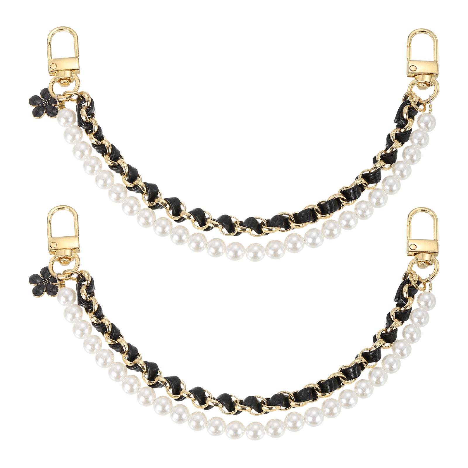 2Pcs 10.2'' Pearl Purse Double Chain, Purse Extender Chain (Black, Gold Chain)