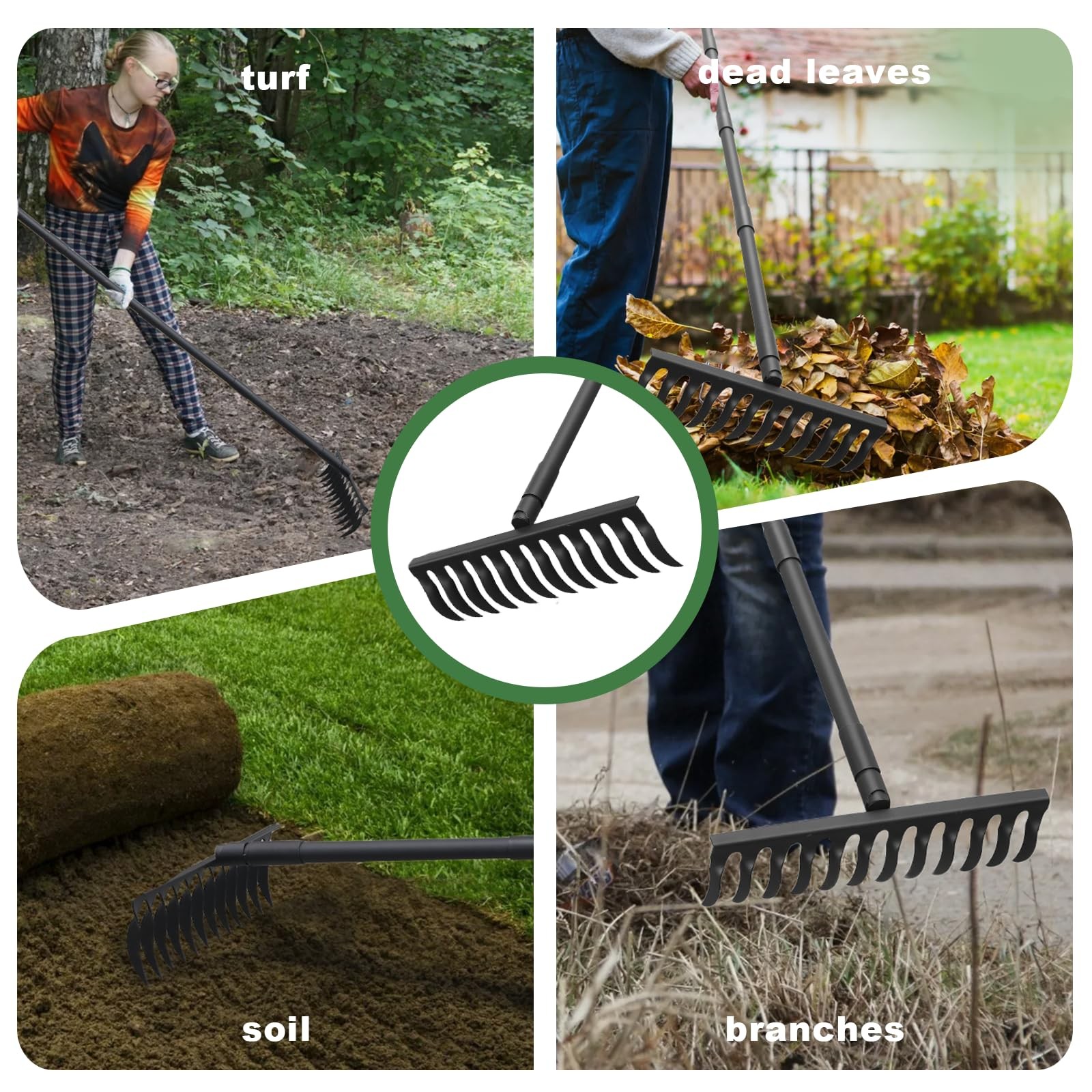 60" Bow Rake 12 Tines Metal Head Rakes with Adjustable Handle, Thatch Rake fo...